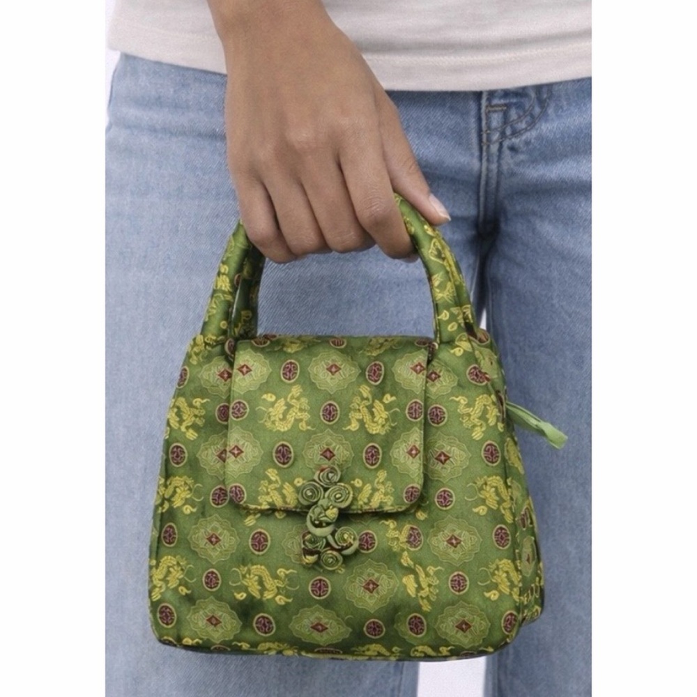 (NWOT) Lime Green Embroidered Asian Geometric & Dragon Pattern Mini Bag
